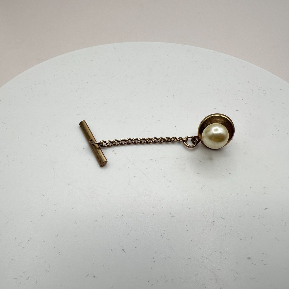 Vintage 90s Hickok Pearl Tie Tack Lapel Pin Gold Tone T-Bar Safety Chain Jewelry